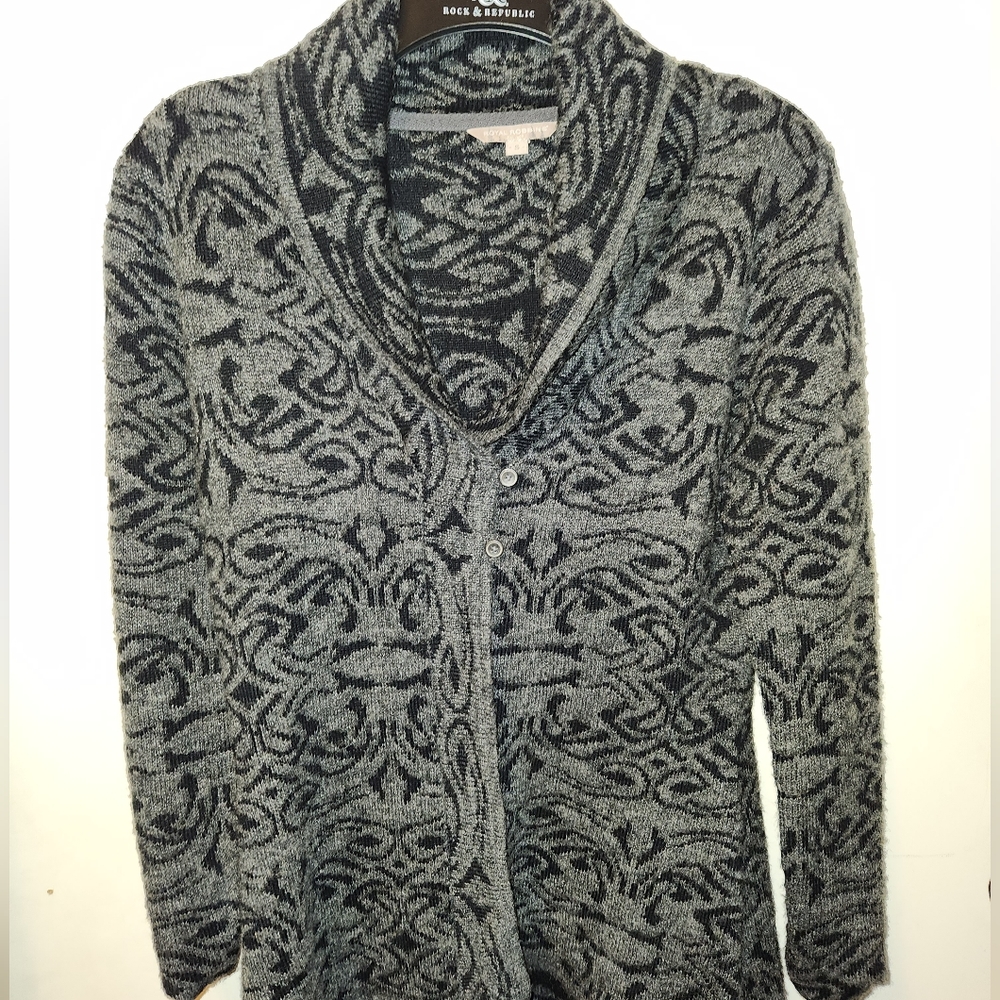Gray And Black Patterned Flowy Button Up Sweater … - image 1